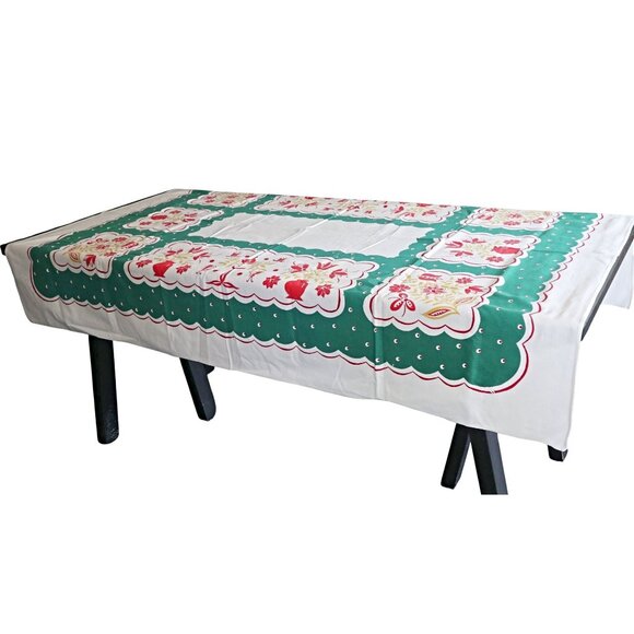 Vintage 1950s Floral Tablecloth MCM Cotton Blend Green & Red With Scallope - Picture 1 of 5